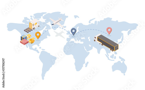 Transatlantic goods shipping isometric illustration. International logistic company with transportation terminal unit in Europe. Global trade route, cargo and air shipment service concept