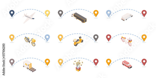Parcels delivery routes isometric illustrations set. Shipment destination marked with geotags. Logistic company transportation vehicles icons collection, post office delivery service concept