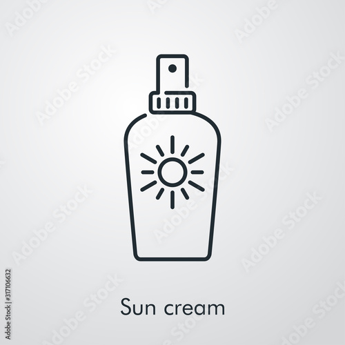 Concepto vacaciones de verano. Icono plano lineal crema solar en aerosol en fondo gris