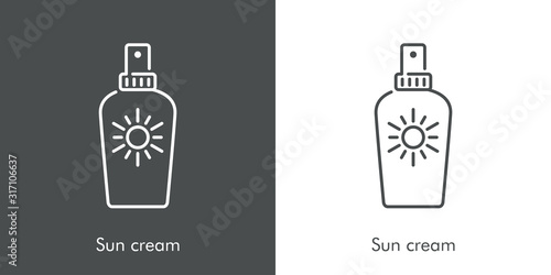 Concepto vacaciones de verano. Icono plano lineal crema solar en aerosol en fondo gris y fondo blanco