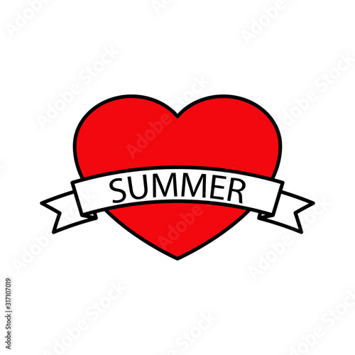 I love Summer. Icono plano lineal con corazón con palabra SUMMER en cinta con color rojo