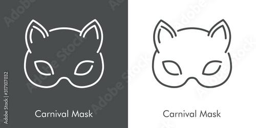 Icono plano lineal máscara de carnaval de gato en fondo gris y fondo blanco