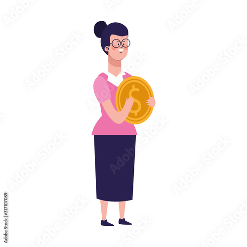 cartoon woman with money coin, colorful design