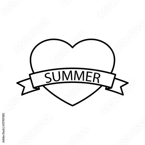 I love Summer. Icono plano lineal con corazón con palabra SUMMER en cinta en color negro