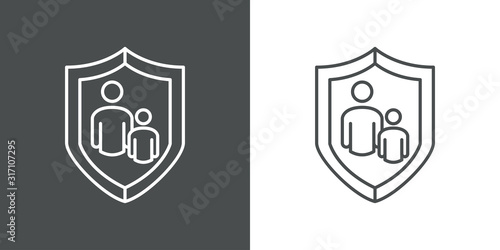 Símbolo control parental. Icono plano lineal familia en escudo en fondo gris y fondo blanco