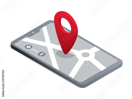 GPS navigator application isometric vector illustration. Volumetric smartphone with city map and location marker isolated on white background. Mobile navigation software, smart technology