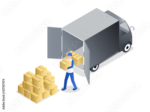 Porter unloading cargo isometric vector illustration. Delivery service employee in uniform carrying cardboard box cartoon character. Parcel trucking business, transportation industry design element