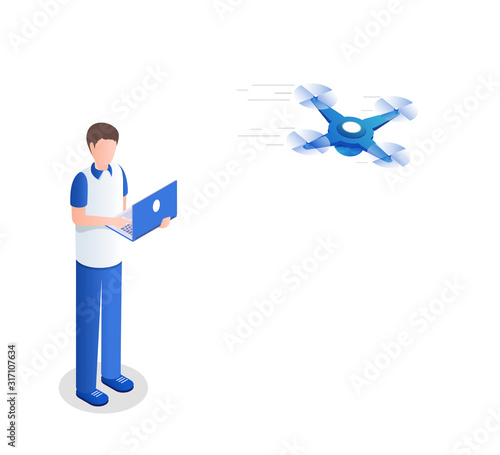 Guy controlling quadrocopter isometric vector illustration. Young man with laptop using unmanned copter cartoon character. Delivery service innovation, wireless technology, drone racing preparation