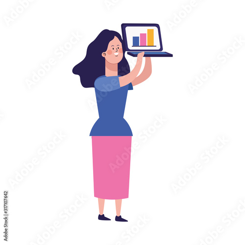 cartoon girl holding up a laptop computer
