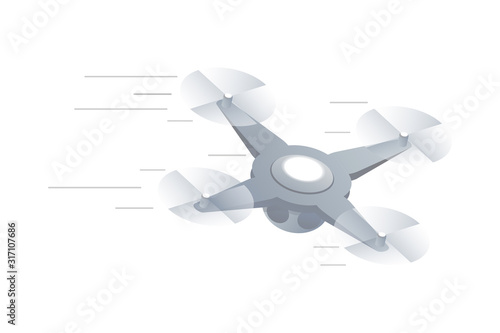 Fast aerial drone isometric vector illustration. Remotely controlled quadrocopter in motion, unmanned aircraft with propellers isolated on white background. Contemporary technology design element