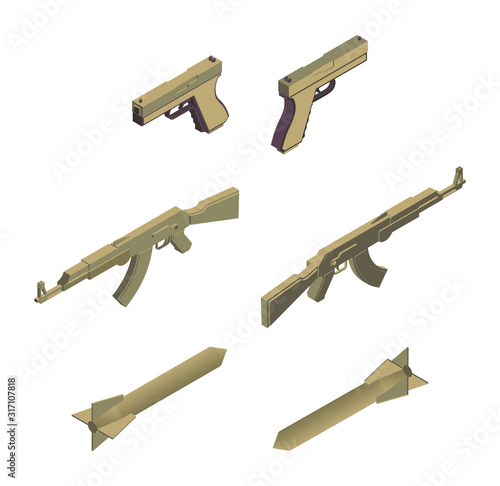 Military weapons isometric vector illustrations set. Modern army armament, ammunition, armed conflict design elements. Handguns, automatic machine guns and missile rockets isolated on white background