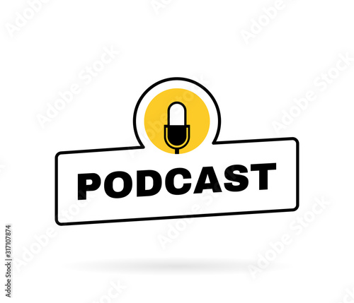 Podcast geometric badge with microphone emblem. Logo design. Vector illustration