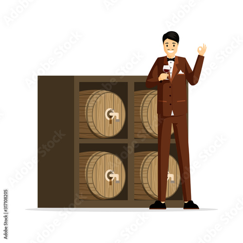 Professional sommelier flat vector illustration. Elegant man in tuxedo, taster holding wineglass cartoon character. Wine tasting expert, rich person enjoying vintage red wine, luxury lifestyle