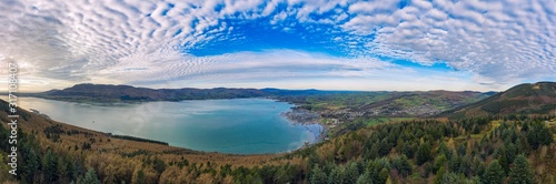 aerial panoramic view of rostrevor mountain and calingford lough ,newry,Northern Ireland