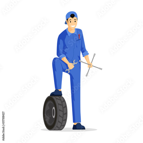 Professional auto mechanic flat vector illustration. Car maintenance service worker in coverall cartoon character. Automotive technician, happy automobile repairman, handyman holding tools
