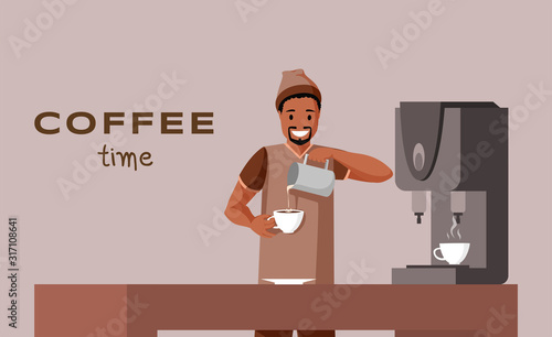 Coffee time flat banner vector template. Barista profession, coffee shop, cafe advertising poster concept. Young african american man making delicious drink illustration with typography