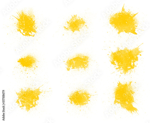 Set of yellow paint blots. Yellow paint splash brushes