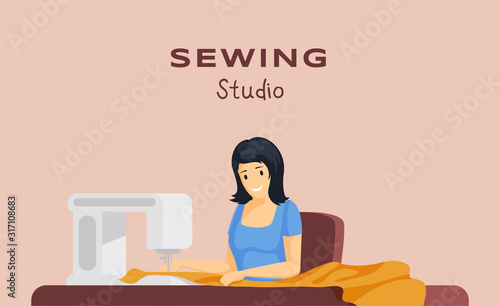 Sewing studio flat banner vector template. Bespoke tailoring service, dressmaking business, atelier advertising poster concept. Needlewoman working with sewing machine illustration with typography