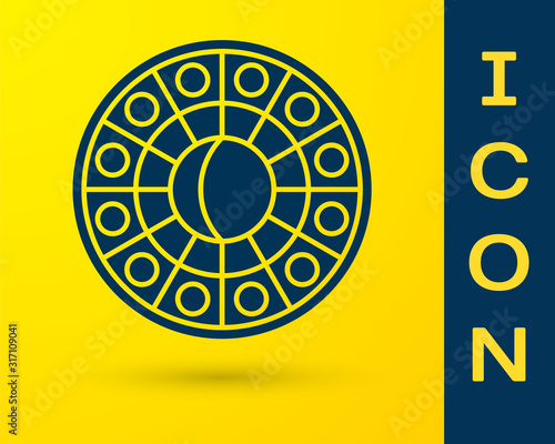 Blue Astrology horoscope circle with zodiac icon isolated on yellow background. Vector Illustration