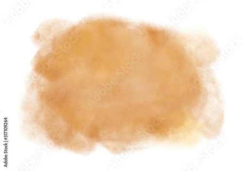 Ocher watercolor brush splash cloud on white background. Subtle ethereal delicate backdrop on white background. Digital abstract illustration artwork with copy space.