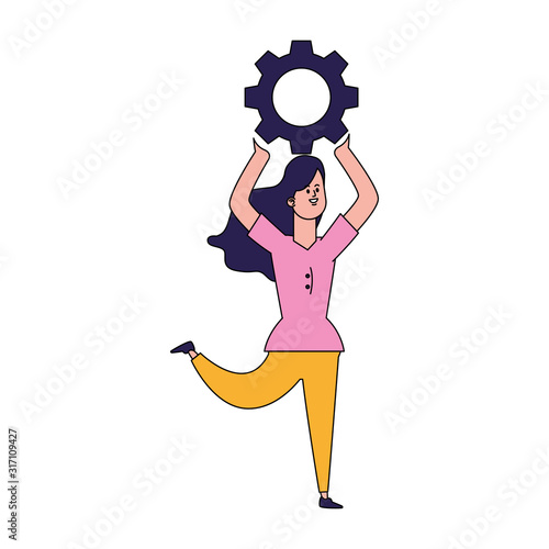 cartoon girl holding up gear wheel