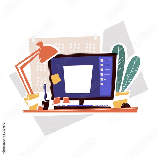 Workplace with computer of creative graphic designer. Table with pen, computer, plant, lamp, calendar, stickers. Flat modern vector illustration