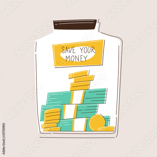 Glass money jar full of gold coins and bills. Saving dollar coin in moneybox. Growth, income, savings, investment. Symbol of wealth. Business success. Flat style vector illustration.