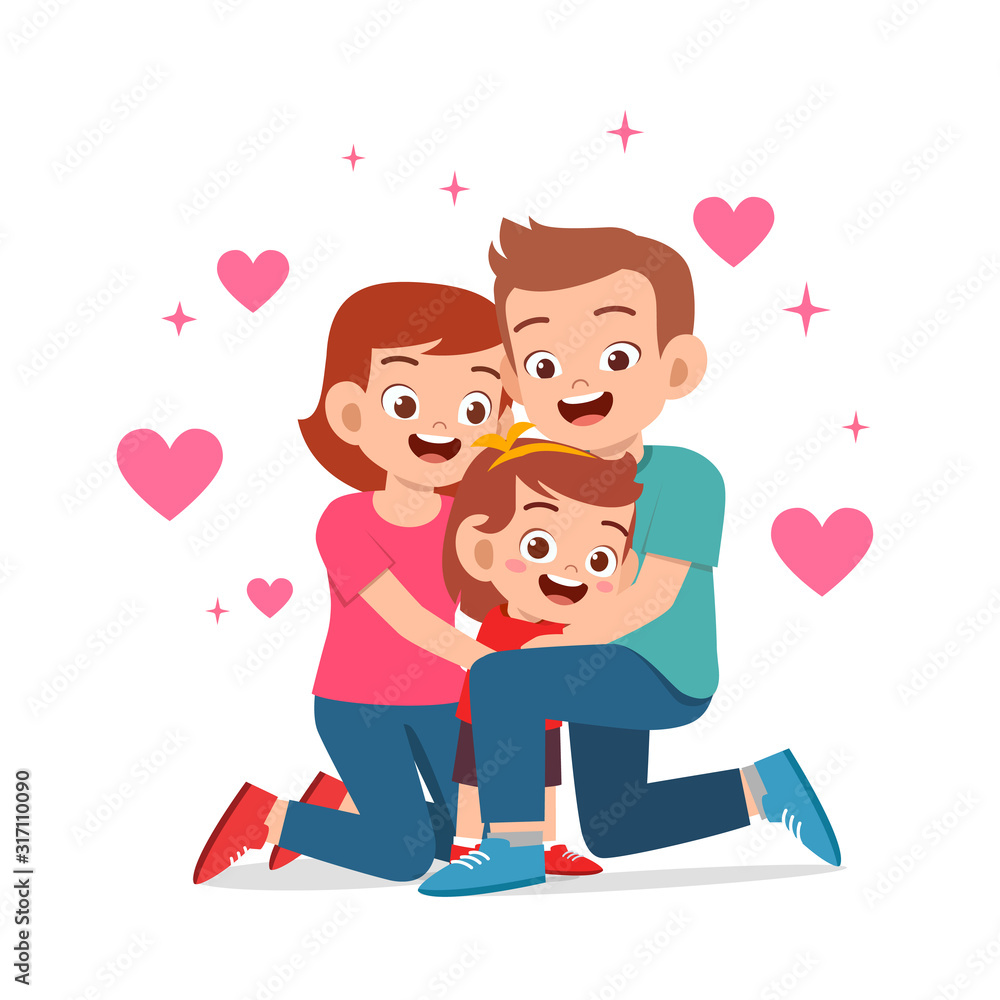 happy cute kid girl with mom and dad