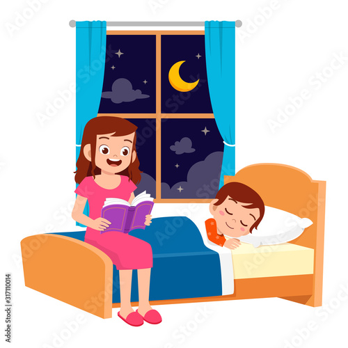 happy mom tell story in bed room to son