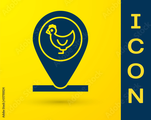 Blue Chicken farm and location icon isolated on yellow background. Vector Illustration