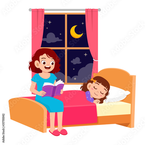 happy mom tell story in bed room to daughter