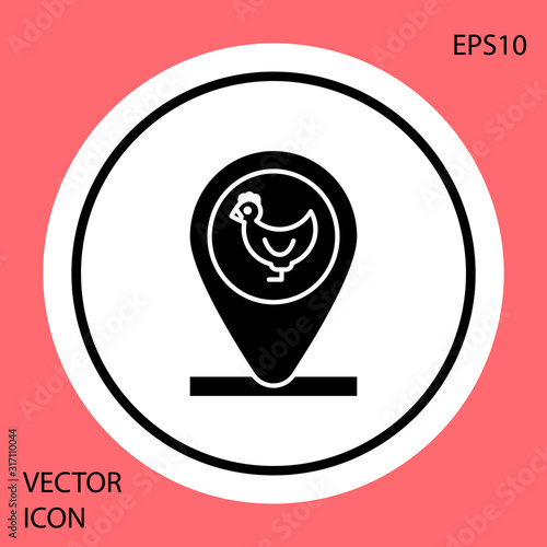 Black Chicken farm and location icon isolated on red background. White circle button. Vector Illustration