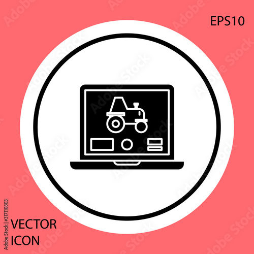 Black Laptop application for control a autonomous tractor on a smart farm icon isolated on red background. Smart agriculture implement. White circle button. Vector Illustration