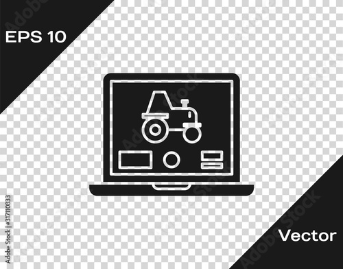 Grey Laptop application for control a autonomous tractor on a smart farm icon isolated on transparent background. Smart agriculture implement. Vector Illustration