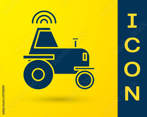 Blue Self driving wireless tractor on a smart farm icon isolated on yellow background. Smart agriculture implement element. Vector Illustration