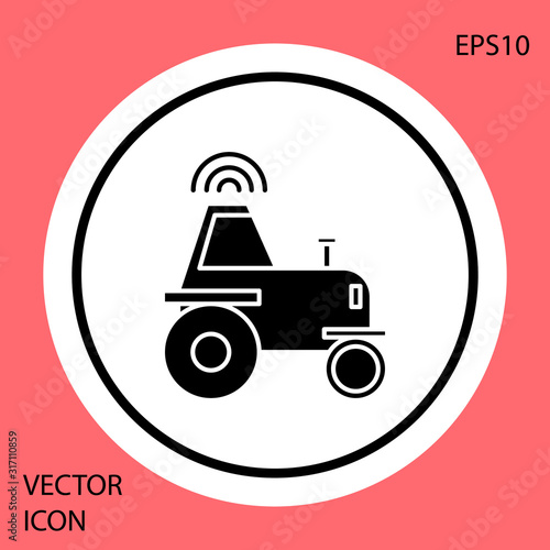 Black Self driving wireless tractor on a smart farm icon isolated on red background. Smart agriculture implement element. White circle button. Vector Illustration
