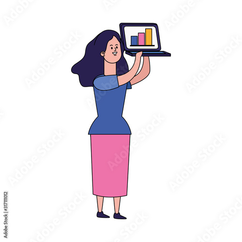 cartoon girl holding up a laptop computer, colorful design