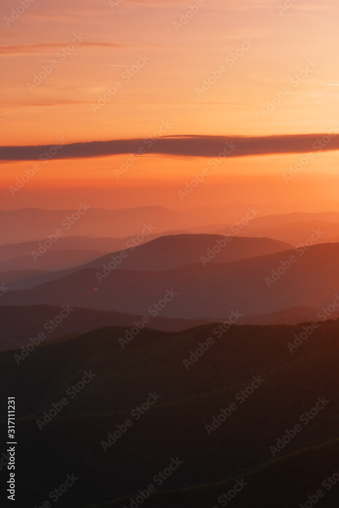 colorful sunrise landscape, stunning summer morning image in mountains, forest on the hill, vertical nature scenery, Europe travel, Carpathian mountains, Europe