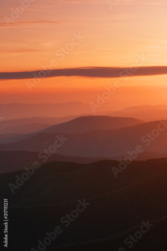 colorful sunrise landscape, stunning summer morning image in mountains, forest on the hill, vertical nature scenery, Europe travel, Carpathian mountains, Europe © Rushvol