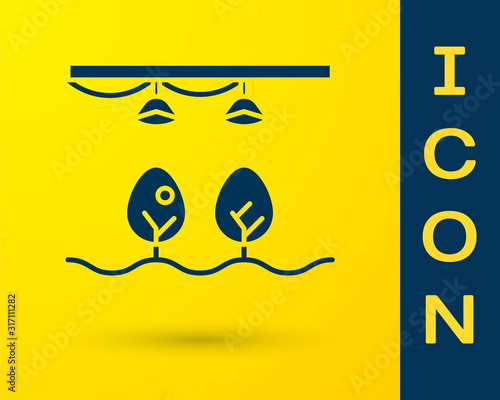 Blue Smart farm with light bulb and plant symbol icon isolated on yellow background. Vector Illustration