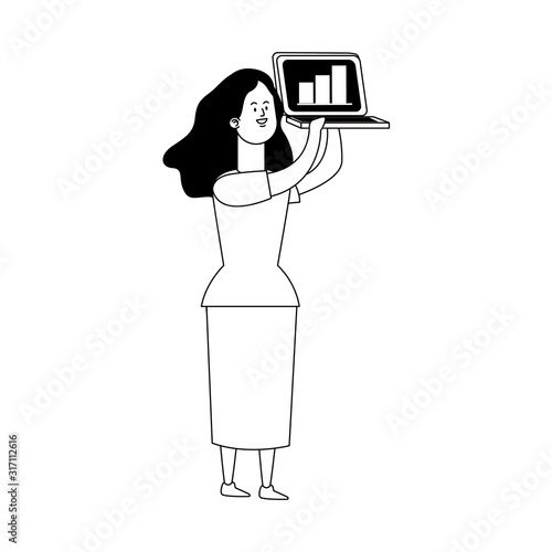 cartoon girl holding up a laptop computer, flat design