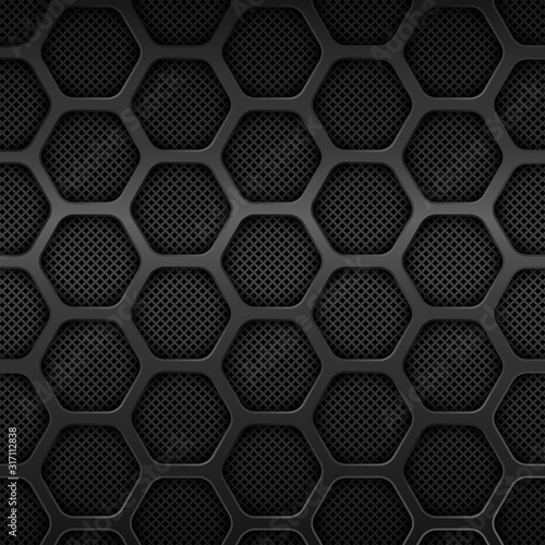 Black metal texture background. Honeycomb pattern. Vector design