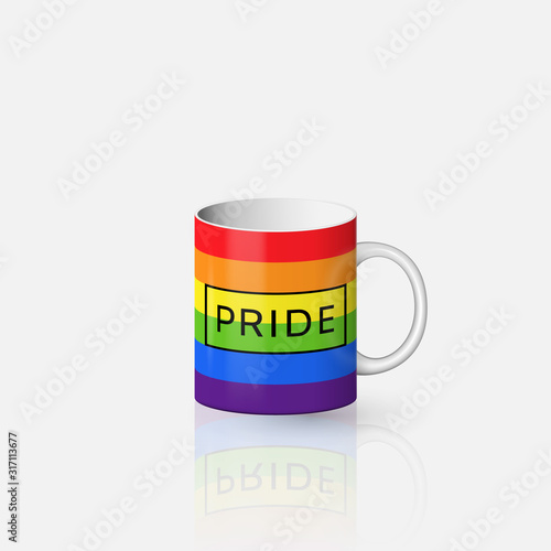 Gay Pride lettering and lgbt rainbow spectrum flag on ceramic mug template. LGBT rights parades paraphernalia design