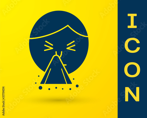 Blue Man holding handkerchief or napkin to his runny nose icon isolated on yellow background. Coryza desease symptoms. Vector Illustration