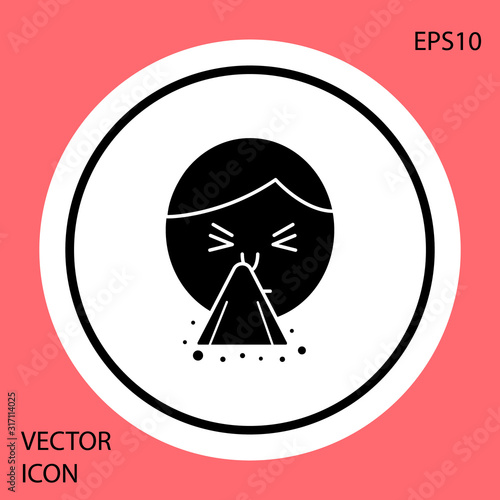 Black Man holding handkerchief or napkin to his runny nose icon isolated on red background. Coryza desease symptoms. White circle button. Vector Illustration