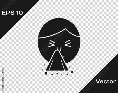 Grey Man holding handkerchief or napkin to his runny nose icon isolated on transparent background. Coryza desease symptoms. Vector Illustration