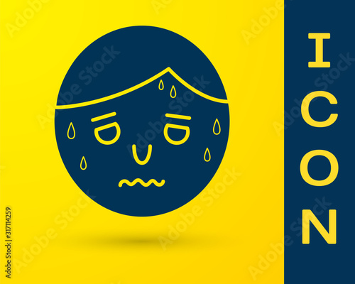 Blue Man with excessive sweating icon isolated on yellow background. Vector Illustration