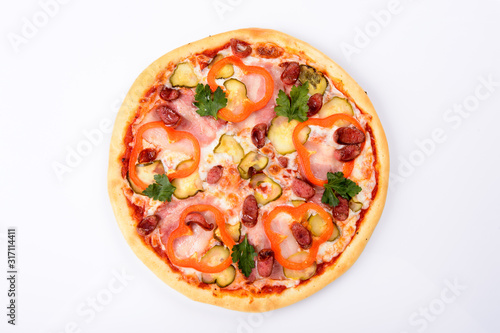 pizza with ham cheese pickled cucumbers hunting sausages and red sweet pepper on a white background