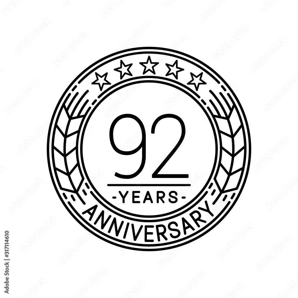 92 years anniversary logo template. 92nd line art vector and illustration.