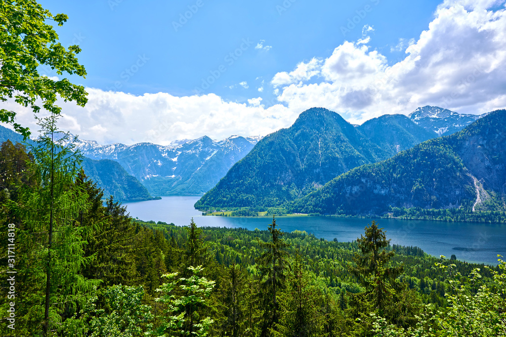 Beautiful summer landscape of Hallstatter lake in Austrian Alps. Salzkammergut region, Austria